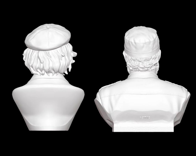 May include: White bust sculpture of a person wearing a hat. The sculpture is shown from the back. The sculpture is made of a smooth, white material.