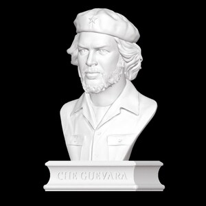 May include: White bust sculpture of Che Guevara, wearing a beret with a star, and a shirt with a pocket. The bust is on a white base with the inscription "CHE GUEVARA".