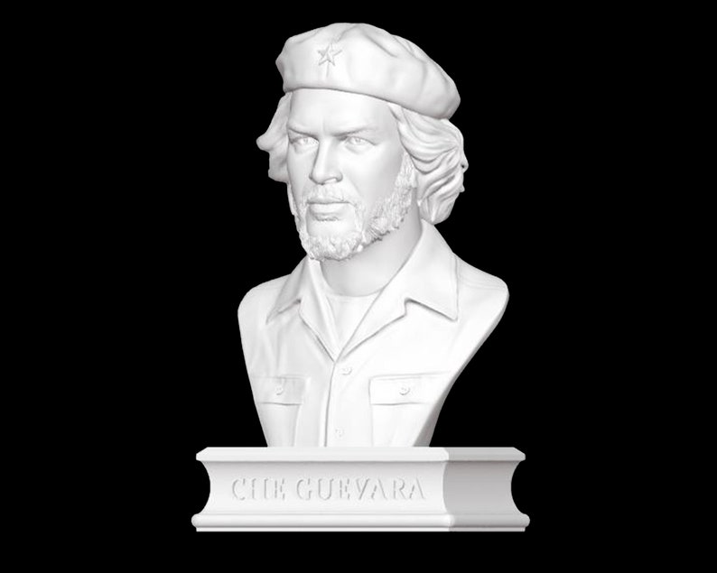 May include: White bust sculpture of Che Guevara, wearing a beret with a star, and a shirt with a pocket. The bust is on a white base with the inscription "CHE GUEVARA".