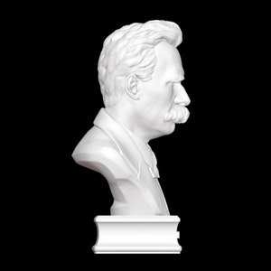 Puede incluir: Busto de yeso blanco de un hombre con bigote, sobre un pedestal blanco. El busto es una representaci&oacute;n realista de la cabeza y los hombros de una persona.