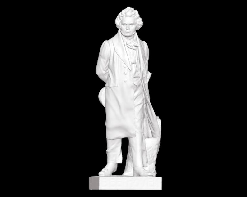 May include: A white marble statue of a man in a coat, standing on a square base. The man is wearing a coat with a high collar and has his hands clasped in front of him.