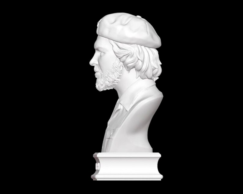 May include: White plaster bust sculpture of a man wearing a beret. The bust is on a white pedestal.