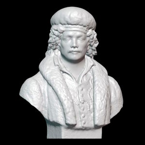 May include: White ceramic bust sculpture of a person wearing a fur-trimmed coat and a hat. The person has long hair and a mustache.
