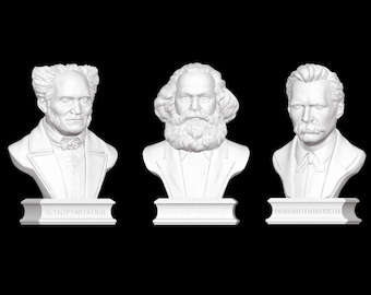 Série de bustos de filósofos alemães: Karl Marx, Nietzsche, Schopenhauer, esculturas em bioplástico impressas em 3D.