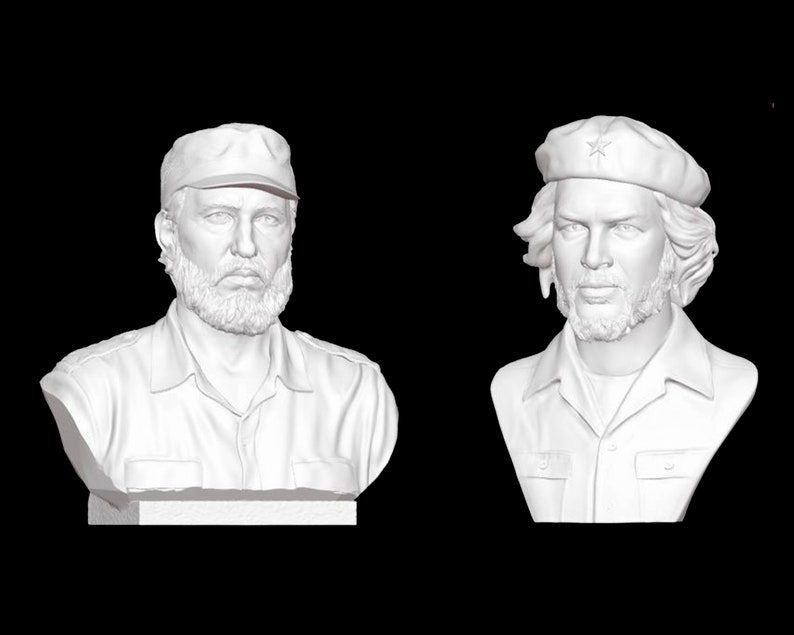 May include: Two white plaster busts of famous Cuban revolutionaries. The bust on the left is of Fidel Castro, wearing a cap. The bust on the right is of Che Guevara, wearing a beret with a star.