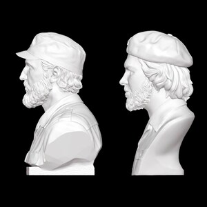 May include: White plaster bust sculpture of a man with a beard wearing a cap. The bust is shown from two different angles.