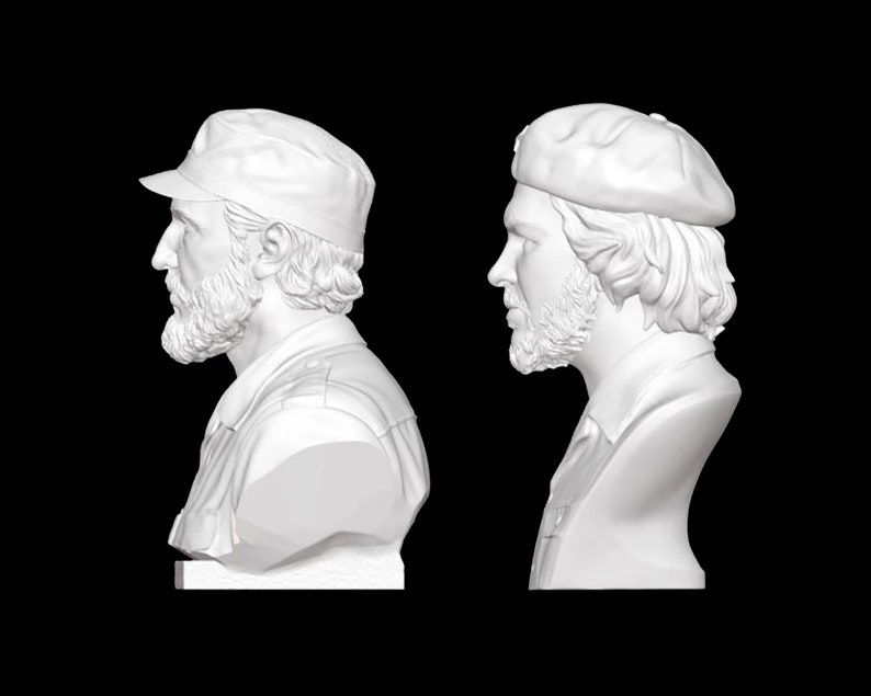 May include: White plaster bust sculpture of a man with a beard wearing a cap. The bust is shown from two different angles.