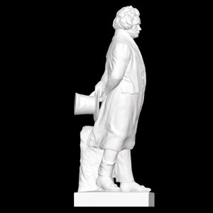 May include: A white marble statue of a man in a coat, holding a top hat in his hand. The statue is standing on a pedestal.