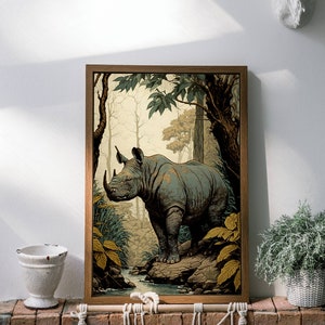 Ukiyo-e Rhino Print, Rhino Wall Art, Rhino Poster, Animal Wall Art, Animal Poster, Animal Canvas, Abstract Wall Art, Rhino Decor