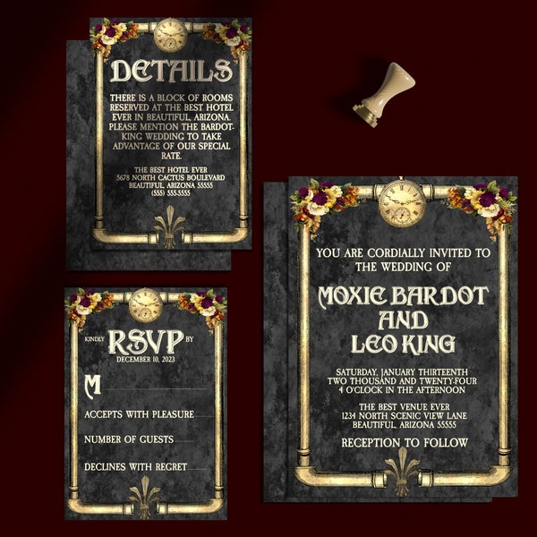 DOWNLOADABLE Wedding Invitation, RSVP and Detail Card Files \ Gold and Black Steampunk Stationery
