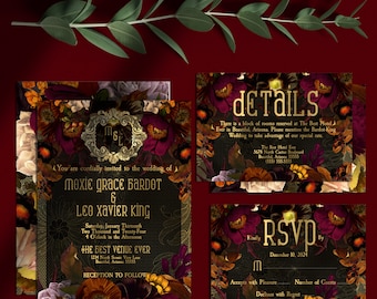 DOWNLOADABLE Wedding Invitation, RSVP and Detail Card Files \ Dark, Moody, Burgundy and Black Floral Stationery