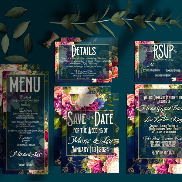 PRINTED Wedding Invitations, RSVP, and Details Cards / Dark, Moody, Teal, Blue, Floral Stationery / Euro Flap Envelopes Included