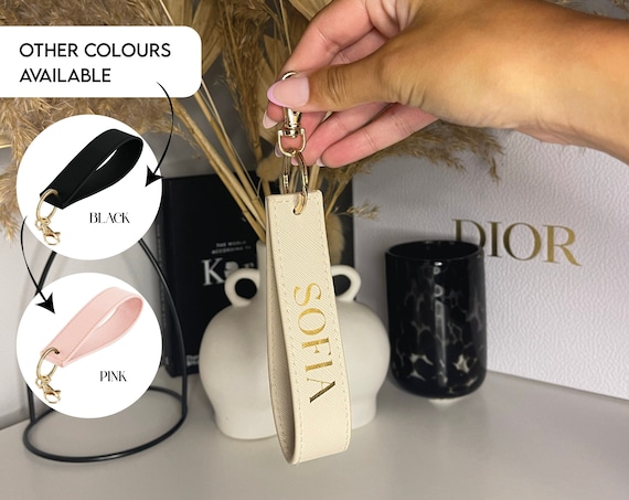 Personalised Faux Leather Wristlet Keyring – Customised with Name in Faux Saffiano Fine Grain Leather. Gift for Her, New Home, New Car