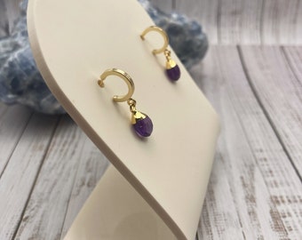 Gold Huggie Hoop Gemstone Earrings- Amethyst, Labradorite, Garnet or Rose Quartz