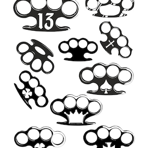 May include: A set of ten black metal knuckle dusters with different designs. The designs include a number 13, a cross, a spade, a clover, and a crown.