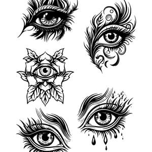 May include: Five black and white illustrations of stylized eyes. Each eye is surrounded by different decorative elements, including feathers, flowers, and tears.
