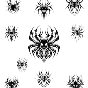 May include: Nine black and white spider illustrations in various styles. Some spiders have a skull-like design in the center of their bodies.