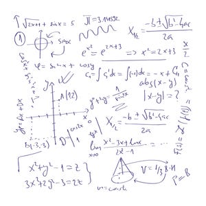 May include: White background with handwritten mathematical equations and formulas in blue ink. Includes graphs, trigonometric functions, and algebraic expressions. The image is a visual representation of mathematical concepts.