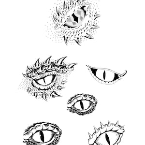 May include: Black and white illustration of a dragon's eye with sharp teeth and scales. The eye is detailed with a black pupil and white iris. The image is perfect for use in a variety of creative projects.