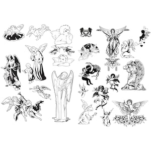 May include: A collection of black and white angel illustrations in various poses. Some angels are depicted with wings, others are cherubic figures. The images vary in size and style, suitable for design projects or religious themes.
