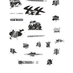 May include: Black and white illustrations of off-road vehicles, tire tracks, and the words "Off Road" and "4x4 Off Road".