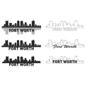 Puede incluir: Cuatro variaciones diferentes de una silueta en blanco y negro del horizonte de Fort Worth. El horizonte se muestra con el texto "Fort Worth" debajo. El texto está en negrita, fuente sin serif.