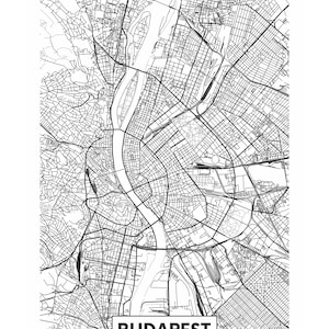 May include: A black and white line art map of Budapest, Hungary. The map shows the city's streets, rivers, and other features. The city name "Budapest" and the country name "Hungary" are printed below the map.