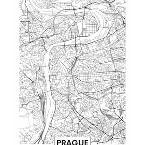 May include: A black and white map of Prague, Czech Republic. The map shows the city's streets, rivers, and other features. The text "Prague, Czech Republic" is printed below the map.