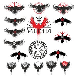 May include: A set of 16 black and red raven tattoos with various Viking symbols, including the Valknut, the Vegvisir, and the Yggdrasil. The word "VALHALLA" is written in red below the raven with the Valknut symbol.