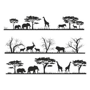May include: Silhouettes of various African animals in a savanna landscape. The animals include giraffes, elephants, zebras, lions, rhinoceroses, and deer. The scene is set against a white background.