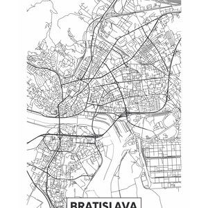 May include: A black and white map of Bratislava, Slovakia, featuring a detailed street layout. The city name is displayed in a rectangular box at the bottom, with the coordinates 48°09'N 17°07'E. The map is a minimalist design.