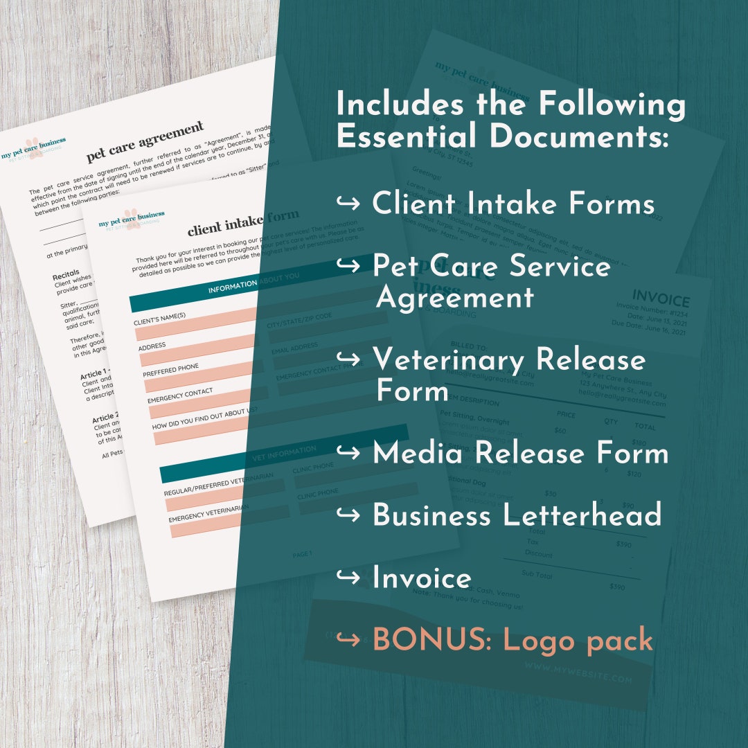 Essential Forms for Pet Care Businesses, Bundle of Editable Pet Business Forms, Bonus Logo Pack