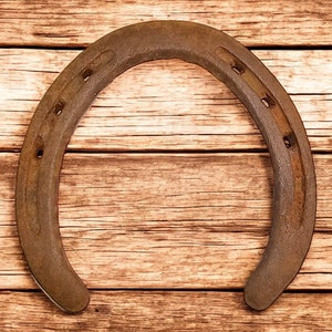 Puede incluir: Una herradura oxidada con cuatro agujeros para clavos, sobre un fondo de madera rústico.