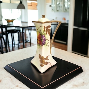 Antique 1890s A. Lanternier Limoges France 4-Sided Hand Painted Floral Fruit Gold Gilt 10.5” Porcelain Vase Chocolate Pot Pitcher
