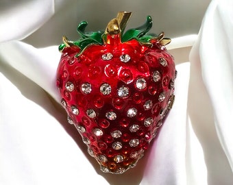 Faux Vintage Strawberry Trinket Box w/Rhinestones Curio Treasure Chest Stash Box