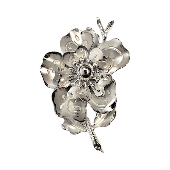 Vintage Signed Coro Silvertone Brooch Flower On S… - image 3