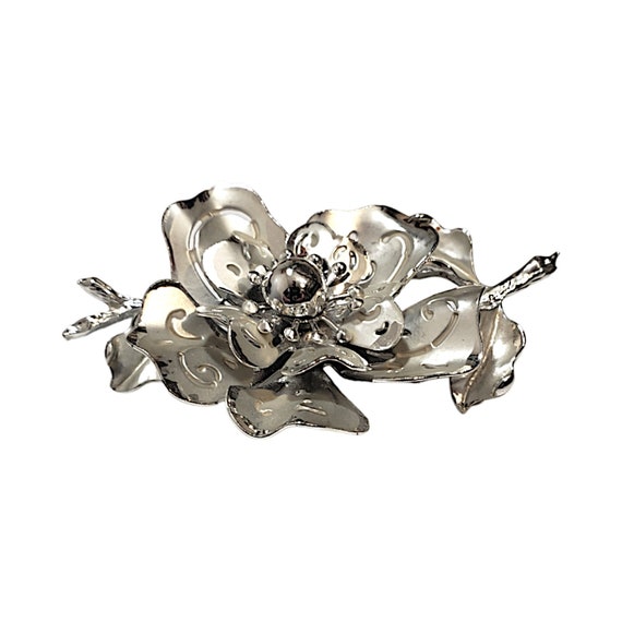 Vintage Signed Coro Silvertone Brooch Flower On S… - image 5