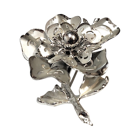 Vintage Signed Coro Silvertone Brooch Flower On S… - image 2