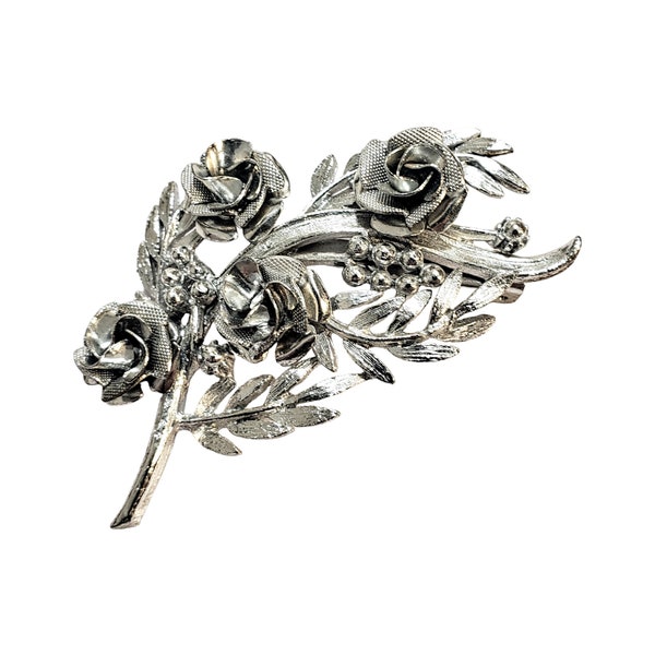 Vintage SIGNED 1940s Coro Rose Brooch Silver Tone Leaves & Roses Brooch Textured Flower Bouquet Brooch Pin