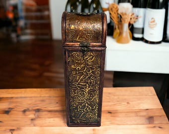 Vintage Wooden Wine Bottle Holder Gift Box - Hinged Lid - Ornate Metalwork - Rustic Storage for One Bottle - 14.25 in Tall