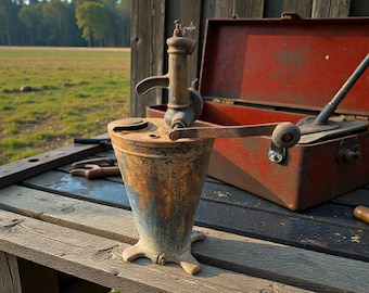 Bomba de graxa manual Alemite vintage dos anos 1940 – Decoração industrial em ferro fundido – Lubrificador de trator