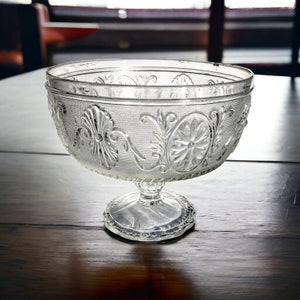 Vintage 1950s Indiana Glass Daisy Medallion Compote Tiara 4-Seam Pressed Glass Stemmed Sandwich Pattern Footed Pedestal Stippled Bowl