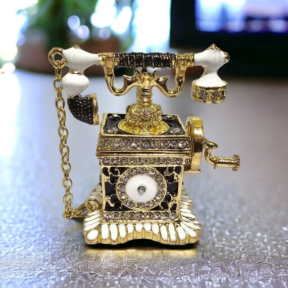 Faux Vintage Gold & Black Mini Telephone w/Handset