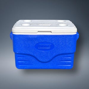 2004 Coleman 48 Qt Cooler Model 6283 – Blue/White Vintage Ice Chest – Made in USA – Cup Holders + Fish Ruler on Lid – Clean