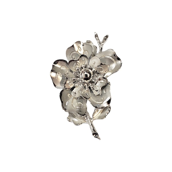 Vintage Signed Coro Silvertone Brooch Flower On Stem Filigree Coro Brooch Shiny & Matte Statement Brooch Pin