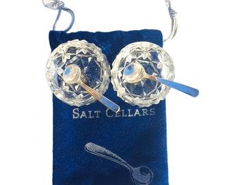 Vintage 1980s Set of Glass Salt Cellars w/Silver Spoons & Original Velvet Pouch from Bohemia Czech