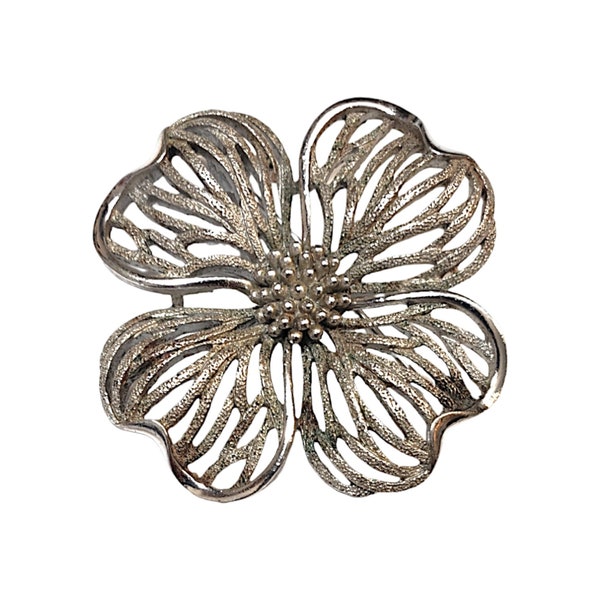 Vintage 1960s Signed Crown Trifari Silvertone Brooch Textured Open Petal Flower Brooch Dogwood Tree Brooch Pin