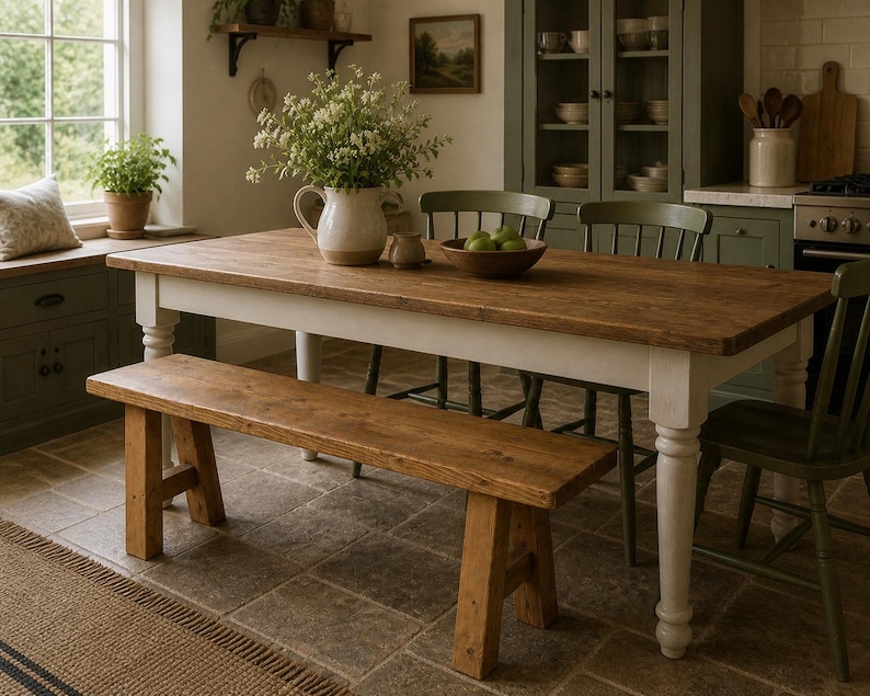 May include: A rustic wooden dining table with a white base and a matching bench. The table is topped with a brown surface and is surrounded by green chairs. A white pitcher with flowers sits on the table.