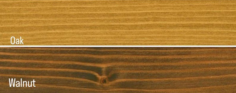 May include: Two wood samples, one stained a light oak colour and the other a dark walnut colour. The wood grain is visible in both samples.