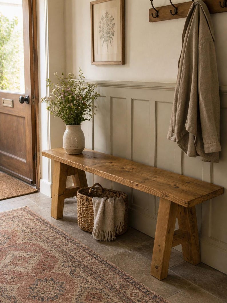 May include: A rustic wooden bench with angled legs sits in a hallway. A woven basket with a fringed throw is beneath it. A vase of flowers and a framed botanical print add to the room's decor. A coat hangs on a wall hook.